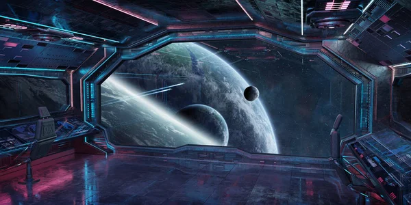 Grunge Διαστημόπλοιο Μπλε Και Ροζ Εσωτερικό Θέα Στο Μακρινό Πλανήτες — Φωτογραφία Αρχείου
