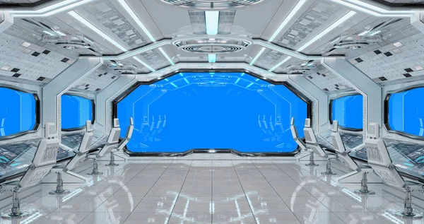 Interior Limpo Branco Nave Espacial Com Fundo Azul Renderização — Fotografia de Stock