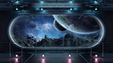 Siyah teknoloji uzay gemisi yuvarlak pencere iç uzak sistem 3d işleme öğeleri Nasa tarafından döşenmiş bu görüntünün üzerinde manzaralı