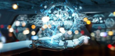 Robot beyaz el 3d baskı dijital hologram 3B oluşturmayı kullanarak arka plan bulanık üzerinde