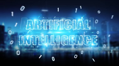 Dijital yapay zeka metin hologram üzerinde mavi şehir arka plan 3d render