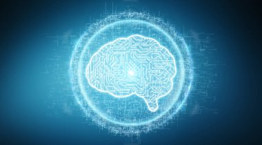 Dijital yapay zeka simgesi hologram üzerinde mavi arka plan 3d render