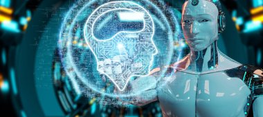 Dijital yapay zeka simgesi hologram 3B oluşturmayı kullanarak bulanık arka plan üzerinde beyaz insanımsı