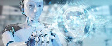 Dijital yapay zeka simgesi hologram 3B oluşturmayı kullanarak arka plan bulanık beyaz insansı kadınlarda