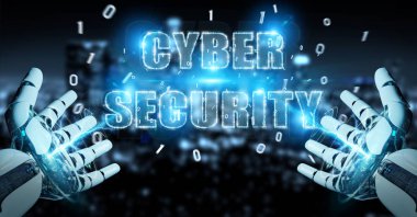 Beyaz insansı el siber güvenlik metin hologram 3B oluşturmayı kullanarak arka plan bulanık üzerinde