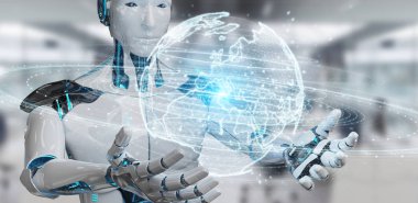 Arka plan bulanık kullanma beyaz insanımsı küre ağ hologram harita 3d render Avrupa ile