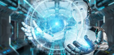 Dijital göz gözetim hologram 3B oluşturmayı kullanarak arka plan bulanık beyaz cyborg kadın