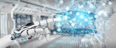 Beyaz cyborg el dijital göz gözetim hologram 3B oluşturmayı kullanarak arka plan bulanık üzerinde