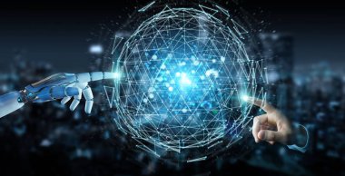 Beyaz robot el dijital üçgen küre hologram 3d render patlayan kullanarak arka plan bulanık üzerinde
