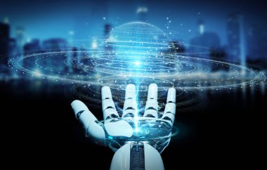 Beyaz robot el dijital küre bağlantısı hologram 3B oluşturmayı kullanarak arka plan bulanık üzerinde