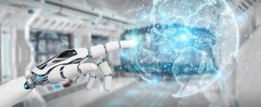 Dünya ağ hologram Amerika ABD harita 3d render ile kullanarak arka plan bulanık beyaz robot el