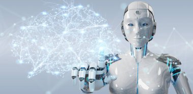 Yapay zeka 3d render oluşturma bulanık arka plan üzerinde beyaz kadın insanımsı