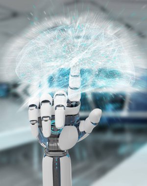 Beyaz insansı el bulanık arka plan yapay zeka 3d render oluşturma