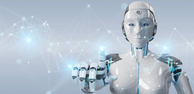 Dijital ağ bağlantısı 3B oluşturmayı kullanarak arka plan bulanık beyaz kadın robot