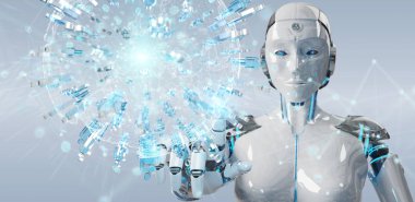 İnsanlar 3d render bağlanmak için dijital dünya kullanarak arka plan bulanık beyaz kadın robot