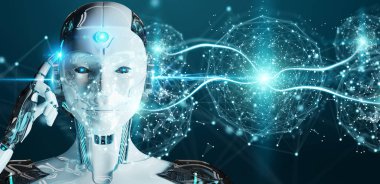 Beyaz kadın insanımsı dijital küresel ağ 3B oluşturmayı kullanarak arka plan bulanık üzerinde