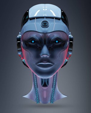 Cyborg baş yapay zeka üzerinde gri arka plan 3d render izole