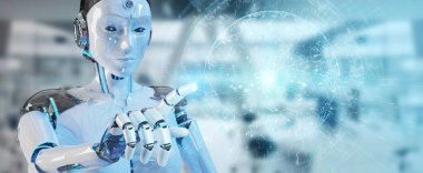 Planet Earth arabirimi 3d rendering kullanarak bulanık arka plan üzerinde beyaz kadın cyborg