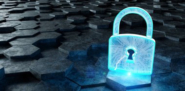 Siyah mavi soyut asma kilit simgesi altıgenler arka planda 3d render