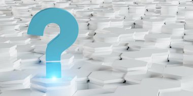 Beyaz mavi soyut soru simgesi altıgenler arka planda 3d render