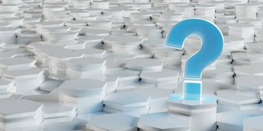 Beyaz mavi soyut soru simgesi altıgenler arka planda 3d render