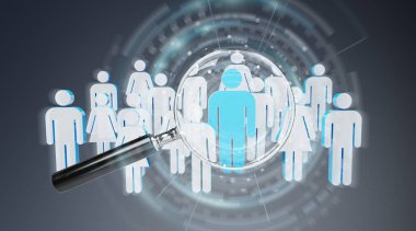 Büyüteç insanlar illüstrasyon gri arka plan 3d render üzerinde recruiting