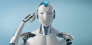 Düşünme ve kafasını 3d render mavi arka plan üzerinde izole dokunmadan beyaz erkek cyborg