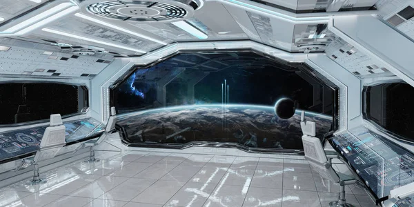 Interior Blanco Limpio Nave Espacial Con Vista Planeta Tierra Elementos — Foto de Stock