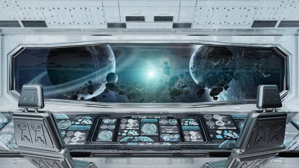 Witte Schone Ruimteschip Interieur Met Uitzicht Verre Planeten Systeem Rendering — Stockfoto