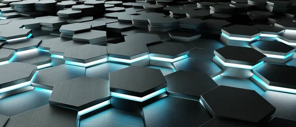 Black and blue abstract hexagons background pattern 3D rendering