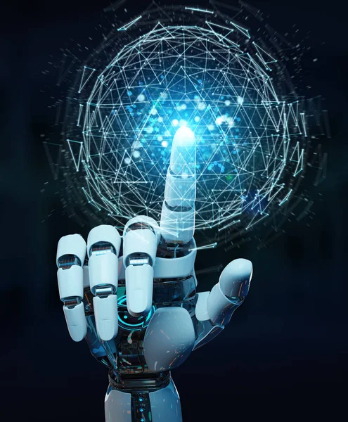 White Robot Hand Blurred Background Using Digital Triangle Exploding Sphere — Stock Photo, Image