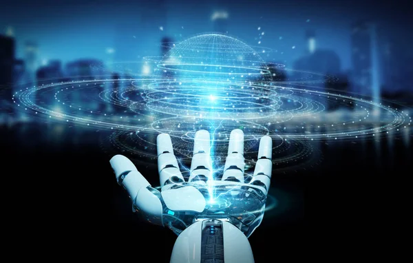 Mão Branca Robô Fundo Borrado Usando Renderização Digital Holograma Conexão — Fotografia de Stock