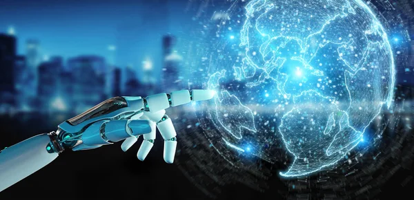 Dünya ağ hologram Amerika ABD harita 3d render ile kullanarak arka plan bulanık beyaz robot el