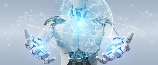 Vita Robot Suddig Bakgrund Med Globe Nätverk Hologram Med Amerika — Stockfoto