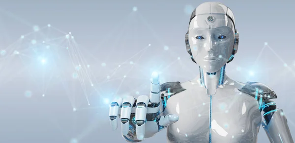 Robot Donna Bianca Sfondo Sfocato Utilizzando Connessione Rete Digitale Rendering — Foto Stock