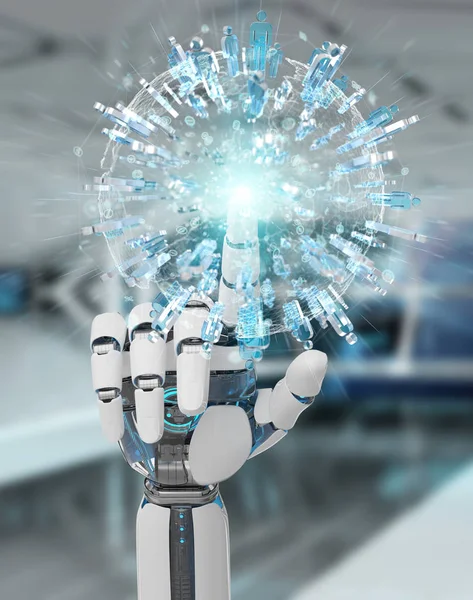 White Robot Hand Blurred Background Using Digital Globe Connect People — Stock Photo, Image