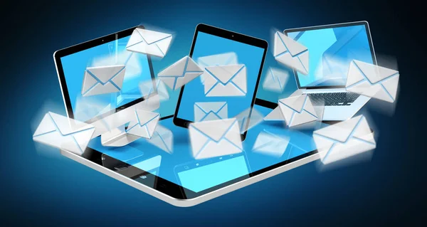 Digital e-mails flying through devices screens on blue background 3D rendering