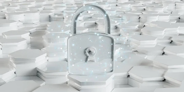 White Abstract Padlock Icon Hexagons Background Rendering — Stock Photo, Image