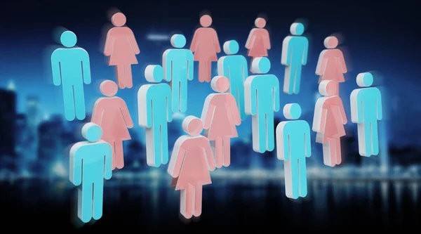 3D rendering group of people with blue man and pink woman on blue background