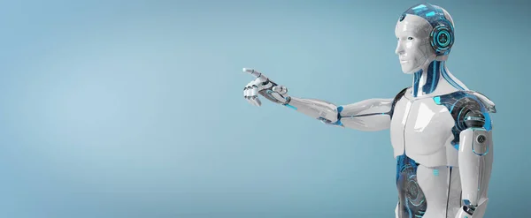 Fehér Férfi Cyborg Mutató Ujját Elszigetelt Kék Háttérben Leképezés — Stock Fotó
