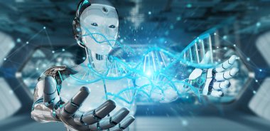 İnsan DNA'sı 3d render tarama bulanık arka plan üzerinde beyaz kadın cyborg