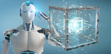 Geleceğin teknolojisi yapısı 3d render oluşturma bulanık arka plan üzerinde beyaz robot