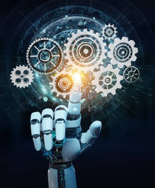Beyaz insansı robot el bulanık arka plan dijital 3d render Gears'ın kullanımı