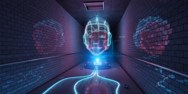 Mavi ve pembe cyborg hologram bir metro iç 3d render tarassut