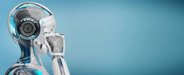 Düşünme ve kafasını 3d render mavi arka plan üzerinde izole dokunmadan beyaz kadın cyborg