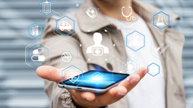 Modern tıbbi arabirimi 3d rendering kullanarak arka plan bulanık üzerinde işadamı