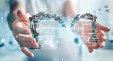 Robotik Kol ile dijital ekran 3d rendering kullanarak arka plan bulanık üzerinde işadamı