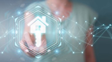 İşkadını Emlak dijital arabirimi 3d rendering kullanarak arka plan bulanık üzerinde