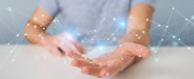 İşadamı fütüristik bağlantı arabirimi 3d rendering kullanarak arka plan bulanık üzerinde