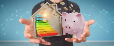 İşadamı iyi enerji grafik rating 3d render ile para tasarrufu bulanık arka plan üzerinde